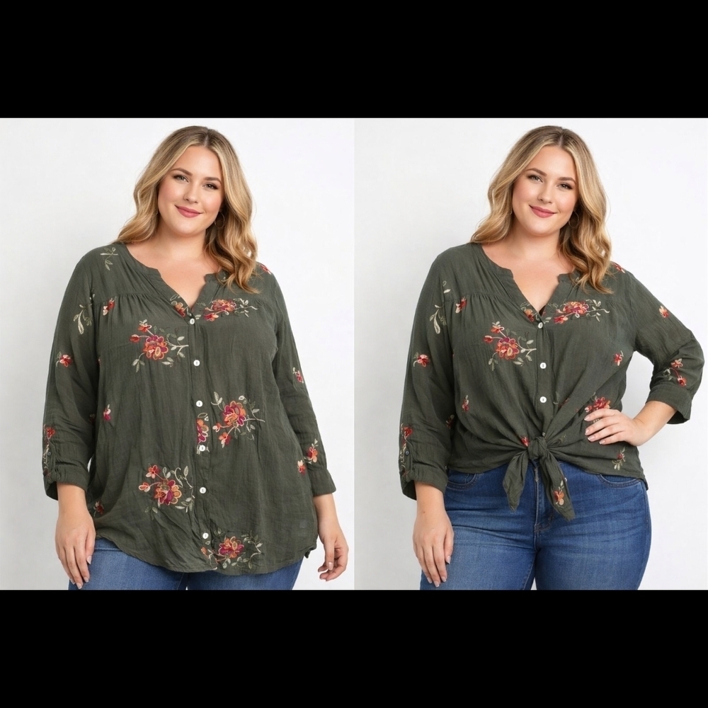 Fig & Flower Embroidered Tunic Top Boho Floral Long Sleeve Blouse- New SZ 1X